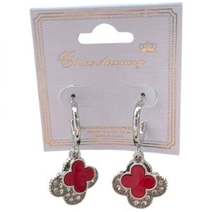 5/$25 Red & Silver Floral Double Layer Dangle Earrings